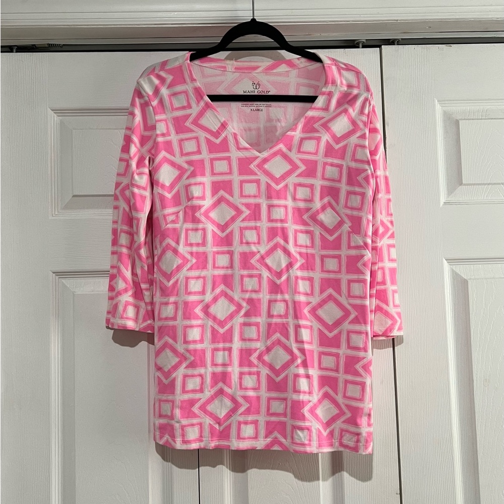 MAHI GOLD Pink and White Geometric Long Sleeve Top XL